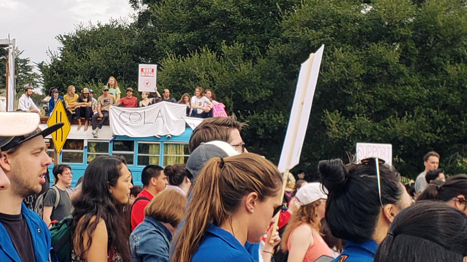 Students at a rally during the 2020 Santa Cruz graduate students' strike.